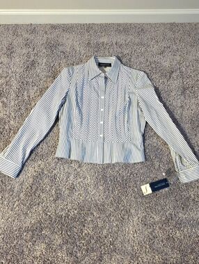 Jones New York Signature Petite Black White Striped Long Sleeve Button Shirt Wom